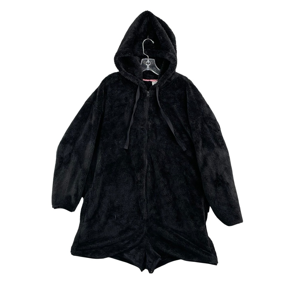 No Boundaries Fleece Bodysuit Womens 2X Black Hooded Zip Front Plush Loungewear